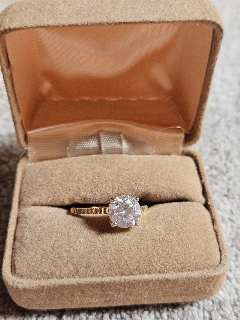 Classic Gold Tone Solitaire Ring with Clear Stone Sterling Silver Size 7